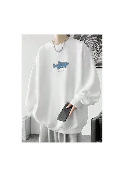Tarzsokak Letter & Shark Print Drop Shoulder Pullover Beyaz