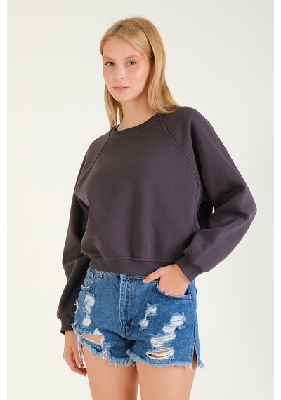 Giyim Dünyası Kadın 3 İp Şardonlu Sıfır Yaka Oversize Sweatshirt Füme 001