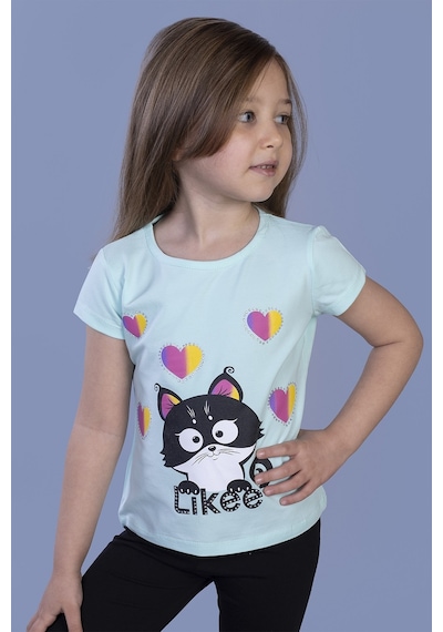 Toontoy Kids Toontoy Kız Çocuk Baskılı Bisiklet Yaka Kısa Kollu Tişört Mint Yeşili