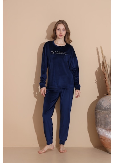 Lukitus Kadife Uzun Kol Kadın Pijama Takımı Lacivert