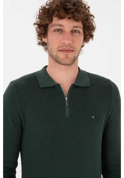 U.S. Polo Assn. Erkek Regular Fit Fermuarlı Koyu Yeşil Basic Kazak 50313685-VR079