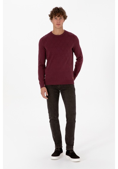 U.S. Polo Assn. Erkek Slim Fit Bisiklet Yaka Desenli Bordo Kazak 50315748-VR177