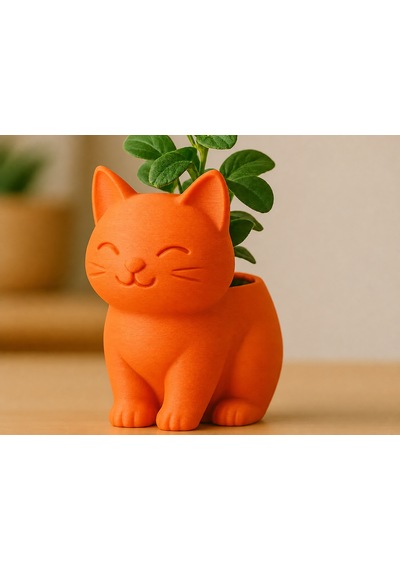 3d Baskı Sevimli Kedi Saksı - Figürlü Sukulent Saksısı-turuncu
