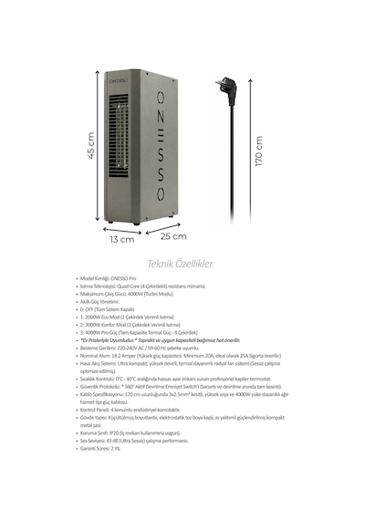 Onesso Pro 4000w Sessiz Elektrikli Fanlı Isıtıcı - 3 Modlu Termostatlı 40m²'ye Kadar Etkili, 2sn Hızlı Isınma, Ev & Ofis & Atölye 2 Yıl li