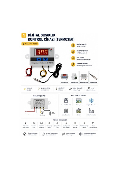 3'lü Kuluçka Seti, Dijital Termostat Xh-w3001, Higrometre Ve 80mm Fan İle