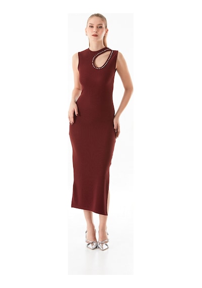 Fullamoda Fitilli Omzu Pencere Detaylı Taşlı Elbise 25ygb7220128414-bordo Bordo