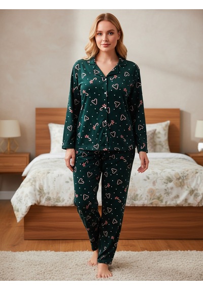 Süet Gömlek Pijama Takımı 7003 Yılbaşı Temalı Yeşil