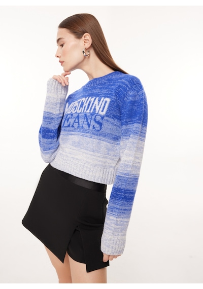 Moschino Jeans Bisiklet Yaka Baskılı Kazak Kadın J0924 Mavi