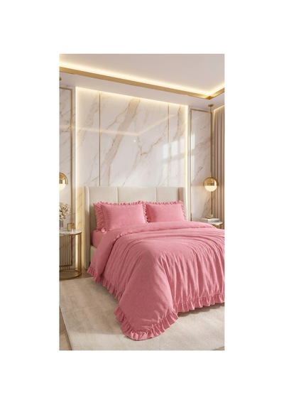4 Parça Lastikli Çarşaflı Pamuklu Kumaş Fırfırlı Çift Kişilik Nevresim Takımı Koyu Pembe - 725706345 Koyu Pembe