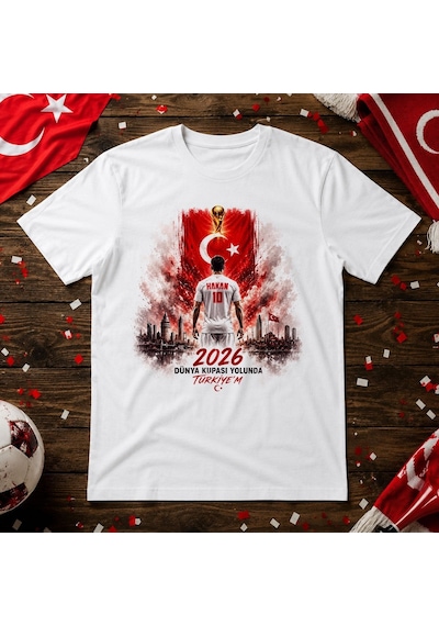 Bk Gift Kişiye Özel Türkiye Taraftar Temalı 2026 Dünya Kupası Tasarımlı Tişört-3, Tek Yürek Milli Takım Ruhu Beyaz