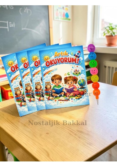 5 Set Yeni Okumayı Öğrenen Öğrencilere Hediye Artık Okuyorum Yazılı 1. Sınıf Hatırası Emoji Kurşun Kalem Tebrik Kartı Hediyeli