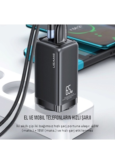 Usams T47 Cc153 65w Dual-port Super Si Hızlı Şarj Dizüstü Bilgisayar Tablet Apple Uyumlu MacBook Siyah