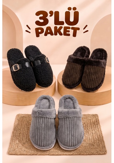 Stwenn 3 Lü Avantajlı Paket Kışlık Peluş Desenli Sessiz Ortopedik Taban Çeyiz Misafir Ev Terliği Set 3 Lü Alm-lind-snw