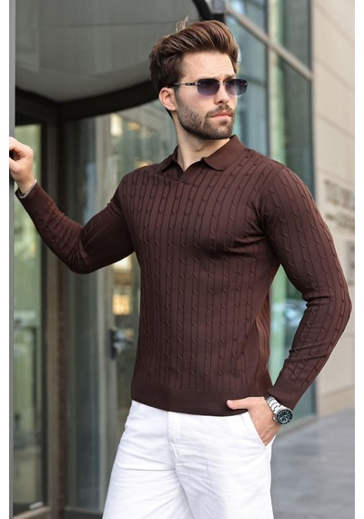 Madmext Kahverengi Polo Yaka Saç Örgü Desenli Erkek Triko Kazak E7519