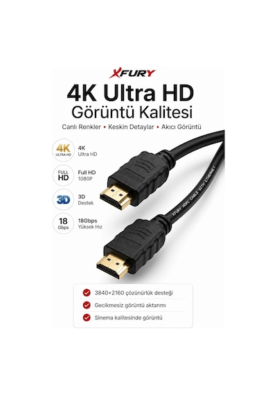 Fury 1.5 Metre Hdmı Kablo 4k Ultra Hd Hdmı 1.4 18gbps Ethernet Arc 3d Full Hd Tv Ps5 Laptop
