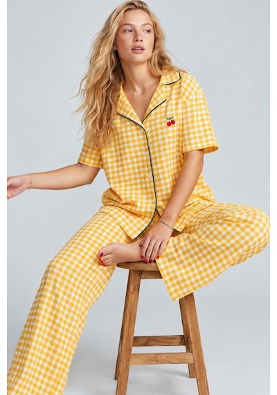 Siyah İnci Düğmeli Biyeli İnce Soft Örme Pijama Takımı 8001 Sarı Ekose