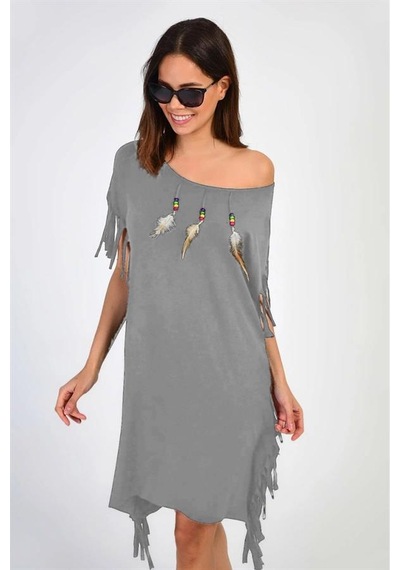 Aqe Fashion Kadın Geniş Yaka Kuş Tüyü Desenli Paça Püsküllü Gri Elbise Gri