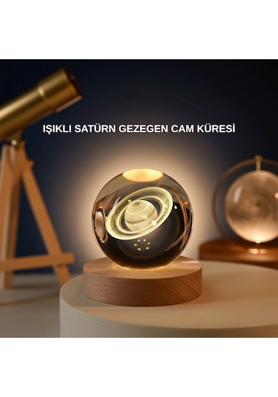 Hubrendy Tekno Satürn Gezegenli Kristal Küre Led Lamba Usb Li Ahşap Standlı
