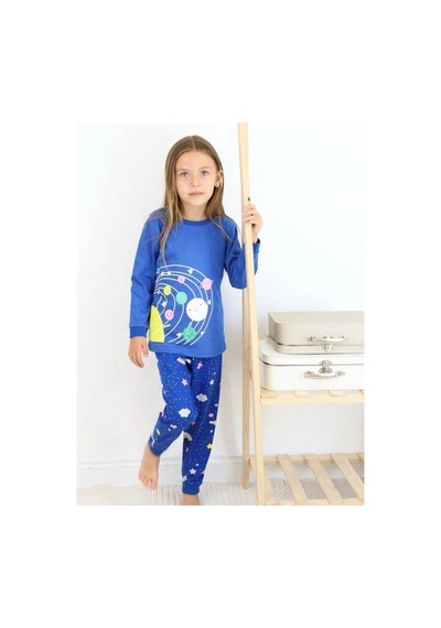 Kız Çocuk Pamuklu Gezegen Baskılı Pijama-15272 Lacivert