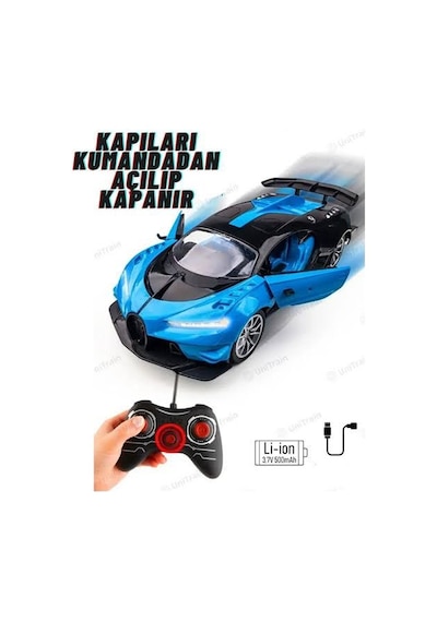 Bugatti Tasarımlı 1:14 Ölçekli 5 Kanal Uzaktan Kumandalı Şarjlı Spor Model Yarış Arabası Mavi
