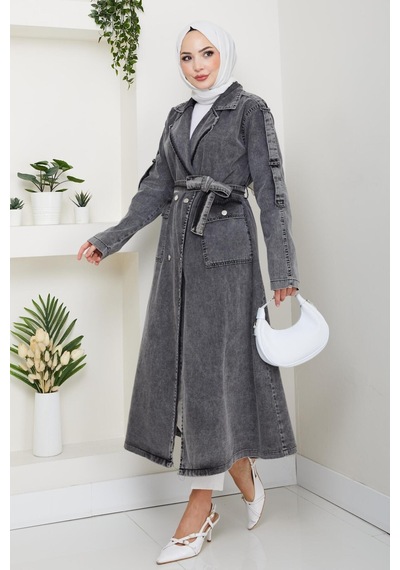 Hb Harma Time Butik Kadın Cepli Kuşaklı Denim Koyu Gri Trençkot Gri Gri