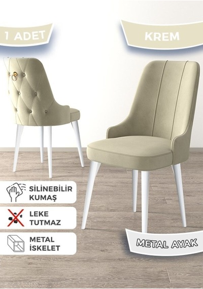 Canisa Newa Serisi, 1.sınıf Babyface Kumaş Beyaz Metal Ayak Gold Halkalı, 6 Adet Krem Sandalye Sandalye Krem Ayakları Beyaz