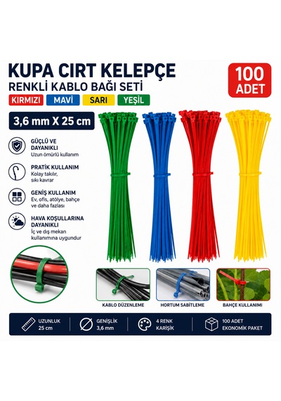 Kupa Cırt Kelepçe Renkli Kablo Bağı Kırmızı Mavi Sarı Yeşil Cırt Kelepçe Seti 3,6 Mm X 25 Cm 100 Adet
