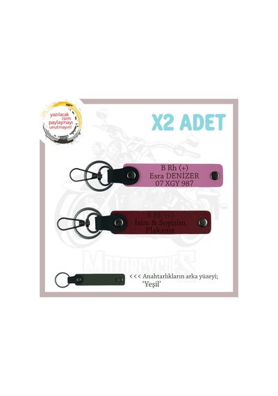 Sevdiğine İsim Plaka Ve B Rh + Kan Grubu Yazılı Anlamlı Hediye Deri X2 Anahtarlık, Pembe-bordo-ysl