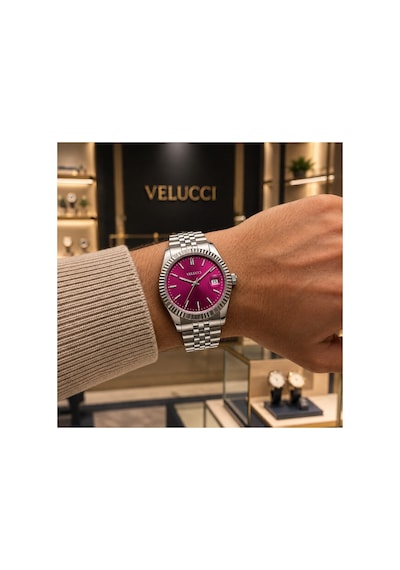 Velucci Ergün Çelik Kordon Erkek Kol Saati Mor Kadran Takvimli Klasik Şık Analog Gümüş