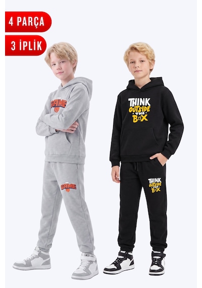 Fyk Kids 3 İplik Baskılı Kışlık Kanguru Cepli Kapüşonlu Erkek Çocuk 2'li Eşofman Takımı 4 Parça Gri-siyah