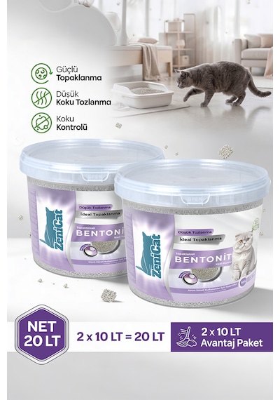 Bebek Pudralı Bentonit Kedi Kumu 2x10 Lt - İnce Taneli, Güçlü Topaklanan, Uzun Süreli Ferahlık, Kovalı