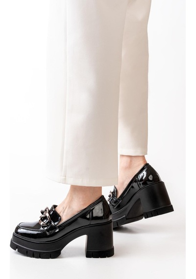 Asmi Shoes Kadın Zincir Tokalı Karmi 8 Cm Topuklu Loafer Platformlu Ayakkabı Siyah Siyah
