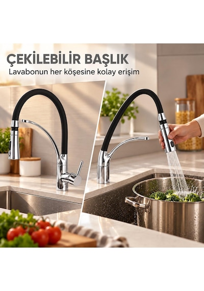 Valkyrie 3 Yollu Arıtmalı Çekilebilir Mutfak Bataryası Siyah 2 Akışlı Spiral Başlıklı