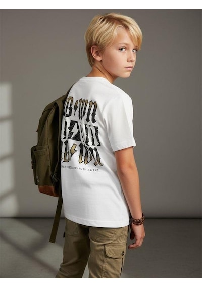 Zekids Erkek Çocuk Sırt Baskılı Tasarım T-shirt-16907 Beyaz