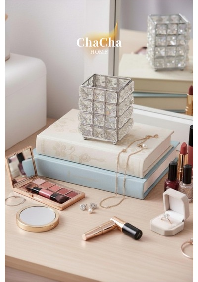 Chacha Home Kristal Taşlı Metal Dekoratif Organizer Mumluk & Takı Kutusu Gümüş
