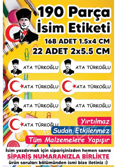 Okul Etiketi Kalem Defter Etiketi Atatürk Ve Bayrak Temalı Özel Isim Yazılabilen Etiket - 190 Adet