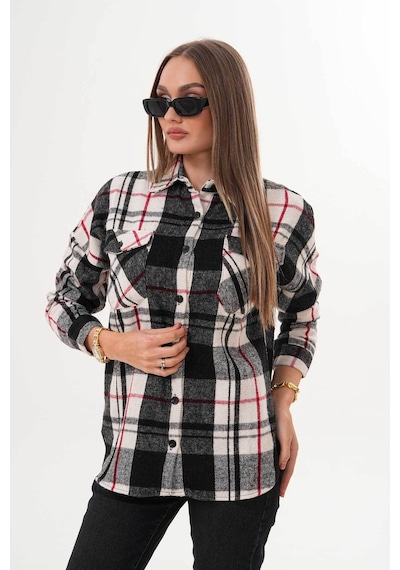 Polologin Butik Kadın Siyah Beyaz Kırmızı Çizgi Detaylı Gömlek Siyah