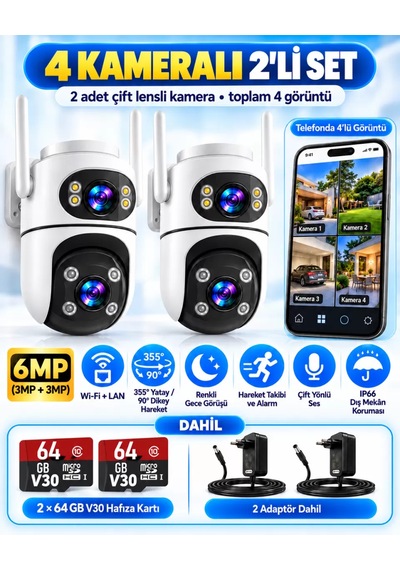 İcsee Set 4 Kameralı 2 Sabit+ 2 Hareketli Akıllı Güvenlik Kamera Seti 64gb Hafıza Kartlı