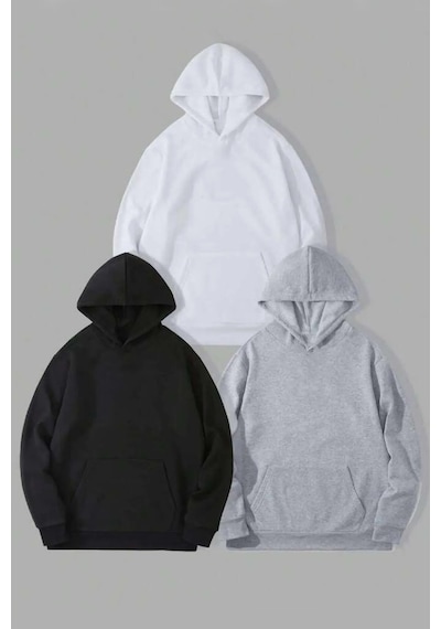 Uyguntarz Unisex Düz 3' Lü Baskısız Kapüşonlu Oversize Sweatshirt Beyaz