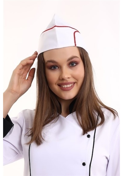 Beyaz Üzerine Kırmızı Biye Aşçı Kayık Kep - Unisex-Standart-Tek Parça