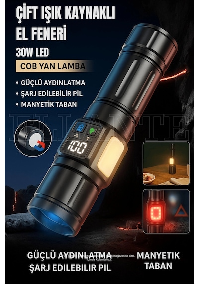 Çift Işık Kaynaklı, Manyetik Tabanlı, Şarj Edilebilir Profesyonel Led El Feneri 7500 Lümen Çok Renkli