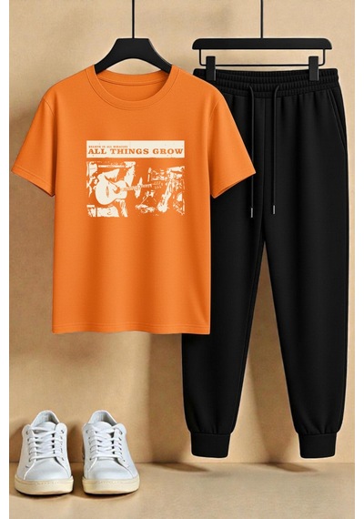 Uyguntarz Unisex All Things Grow Tasarım Baskılı Tshirt - 2'li Eşofman Takımı Turuncu