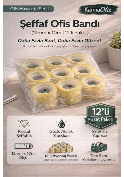 Şeffaf Ofis Bandı 12mm X 10m 12 Li Paket Güçlü Yapışkanlı Kristal Bant