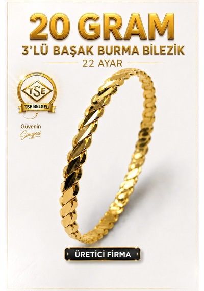22 Ayar Tse Belgeli 20 Gram 3'lü Başak Burma Bilezik Altın Gold Bilezik Düğün Nişan