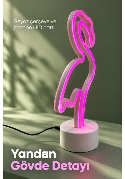 Dekoratif Flamingo Neon Lamba Pembe Işıklı Beyaz Tabanlı -