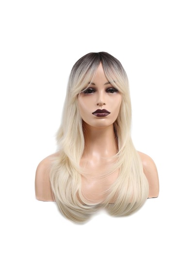 Katlı Kesim Perçemli Düz Fiber Sen Orta Boy Peruk / Kahve / Platin Ombreli