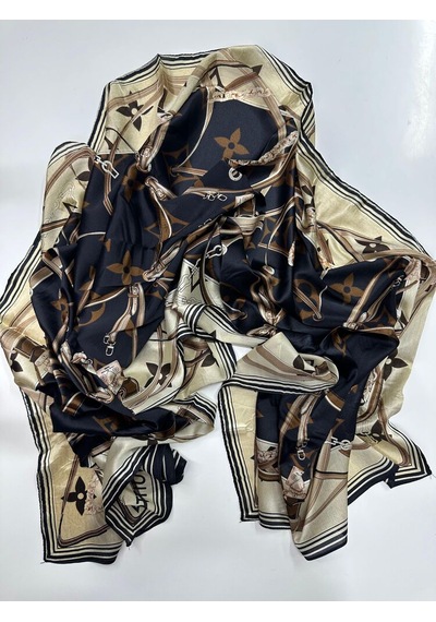 Miorel Scarfs Yeni Sezon Lv Kemer Desen Vual İpek Şal Yeni Sezon Silk Scarfs Shawl Hijab Fular Bej - Antrasit