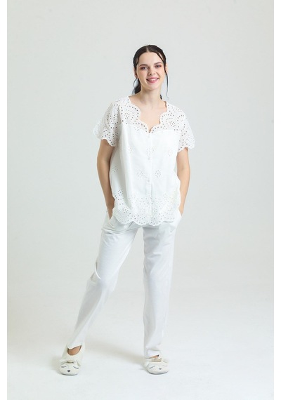 Genel Markalar Pamuklu Brode Dantelli Kadın Pijama Takımı Ekru - 619115351 Ekru
