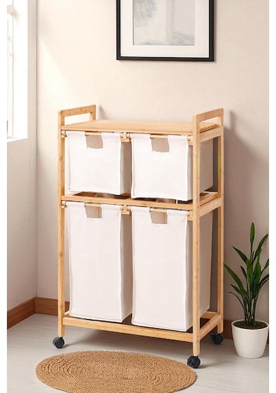 Bambu 4 Bölmeli Kirli Sepetli Çamaşır Sepeti Raflı Banyo Düzenleyici Db-0018 Kahverengi