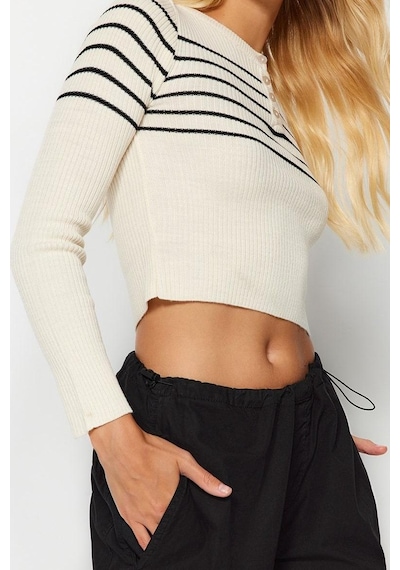 Ersefa Stil Modern Kadın Crop Standart Kol Bisiklet Yaka Çizgili Triko K Taş